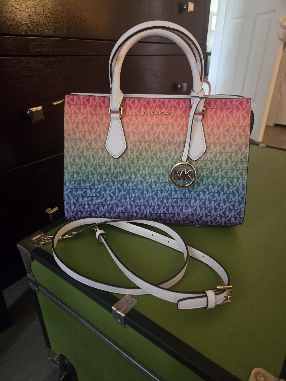 Michael Kors Rainbow MK Signature Satchel with White Trim and Gold Hardware
